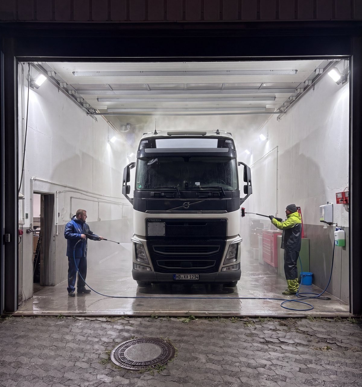 LKW-Aufbereitung bei TRUXTEC in Weinheim – zwei Mitarbeiter reinigen abends einen weißen Volvo-FH-Sattelzug in der beleuchteten Waschhalle mit dem Hochdruckreiniger